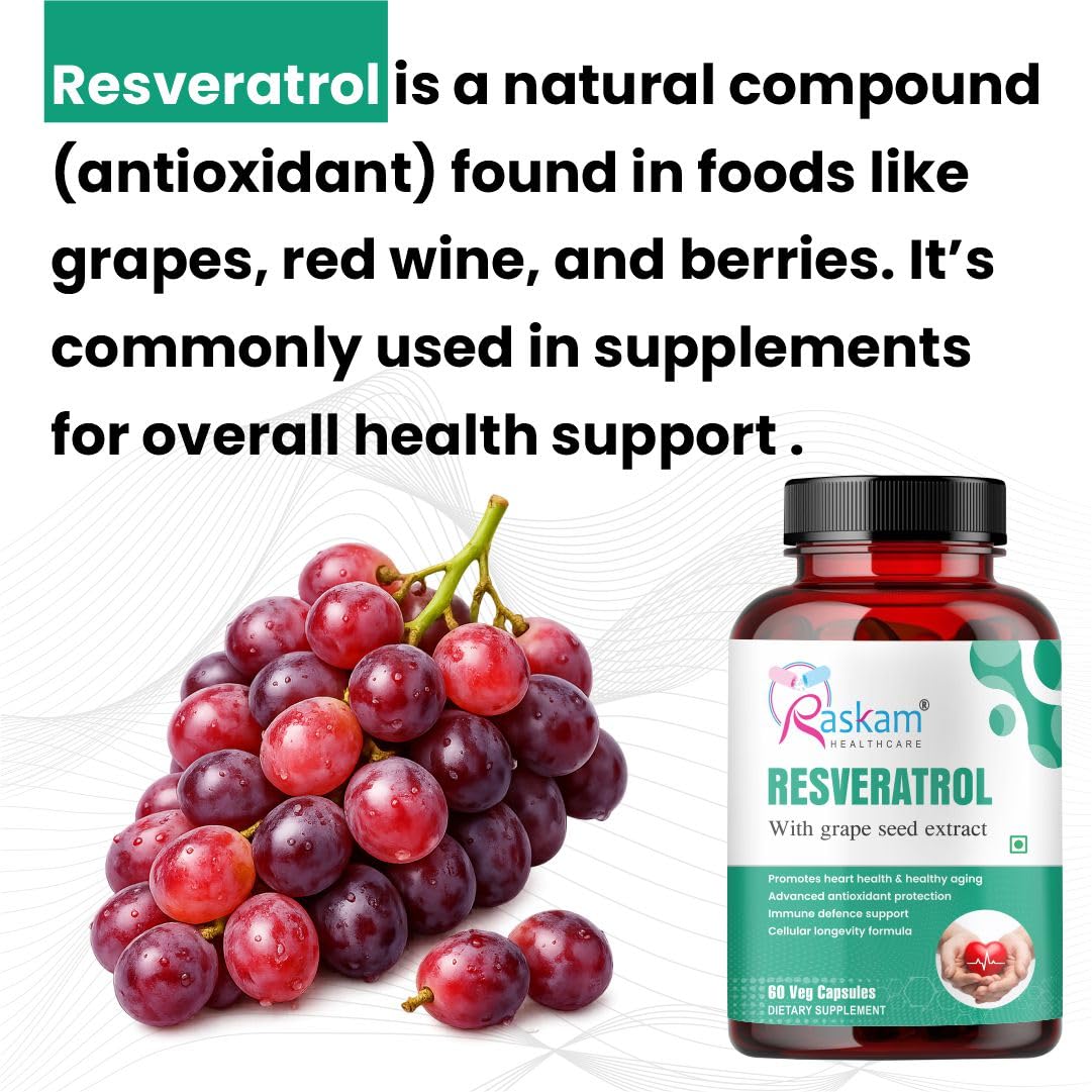 Raskam Resveratrol Supplement with Grape Seed Extract | 60 Veg Capsules | Highly Bioavailable | Antioxidant Support for Healthy Aging | Heart, Immune & Skin Support