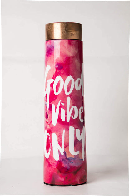 HomeShastra Good Vibes Only Multicolour Designer Printed 100% Pure Copper Bottle 1 Litre | Beautiful Bottle with Ayurvedic Health Benefits Seamless and Leakproof Design