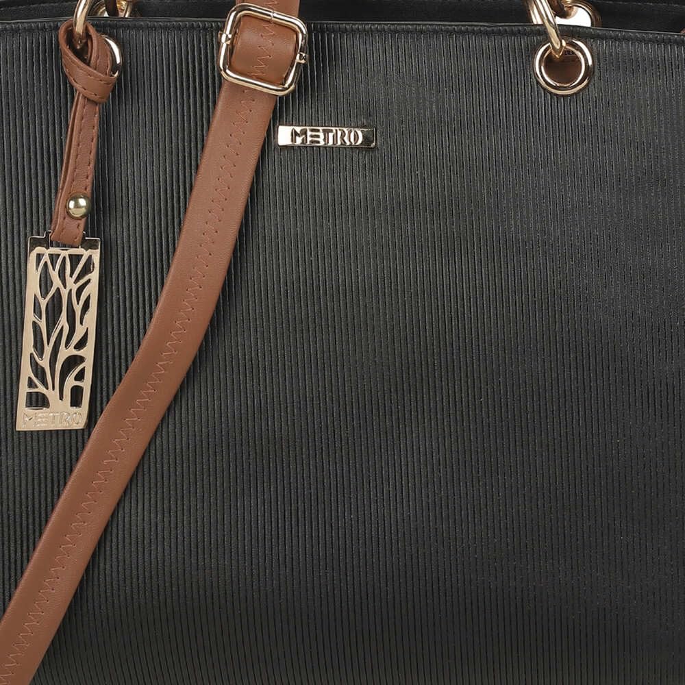 Metro Women Black Faux Leather Handbag with Detachable Sling (66-7852)