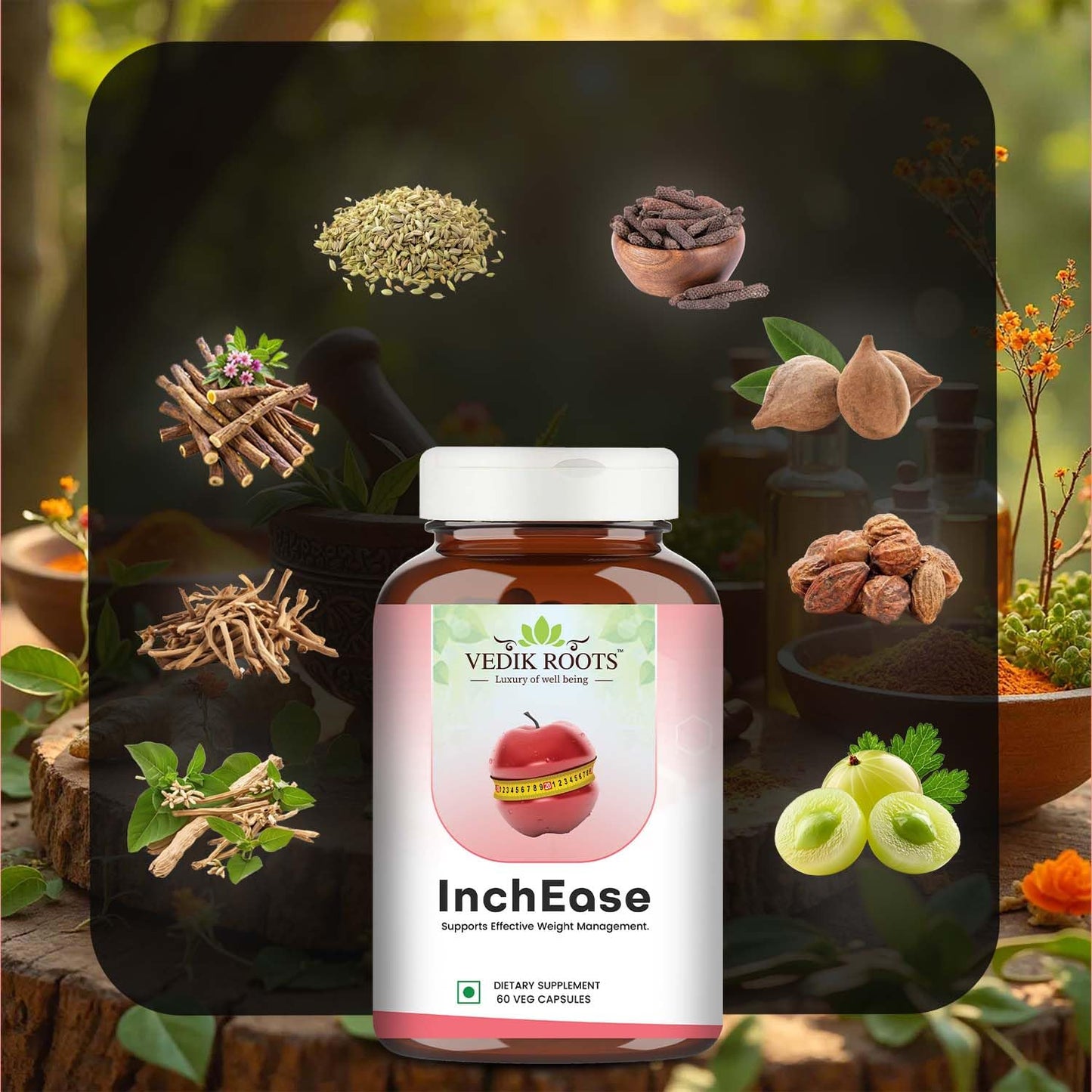 VEDIKROOTS InchEase Herbal Wellness Capsules | Guggal, Punarnava, Pippali & Triphala Blend | Weight Management & Metabolism Support | Ayurvedic Formula | 60 Veg Capsules - Pack of 1