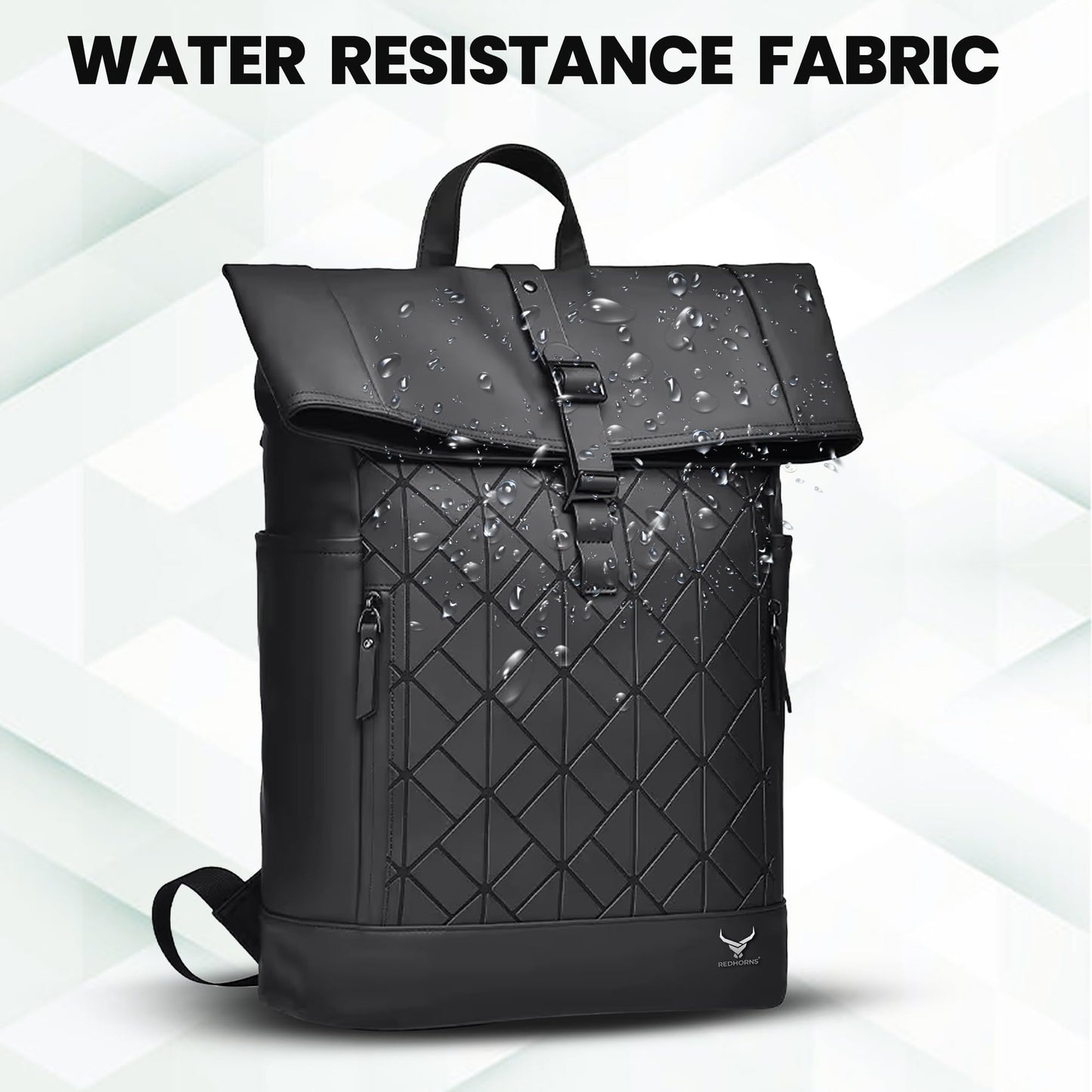 REDHORNS 30L Waterproof 15.6-inch Laptop Roll Top Backpack for Men and Women, Unisex PU Leather Laptop Bag for Office, School, College, Business Bag with Multiple Compartments (Black)