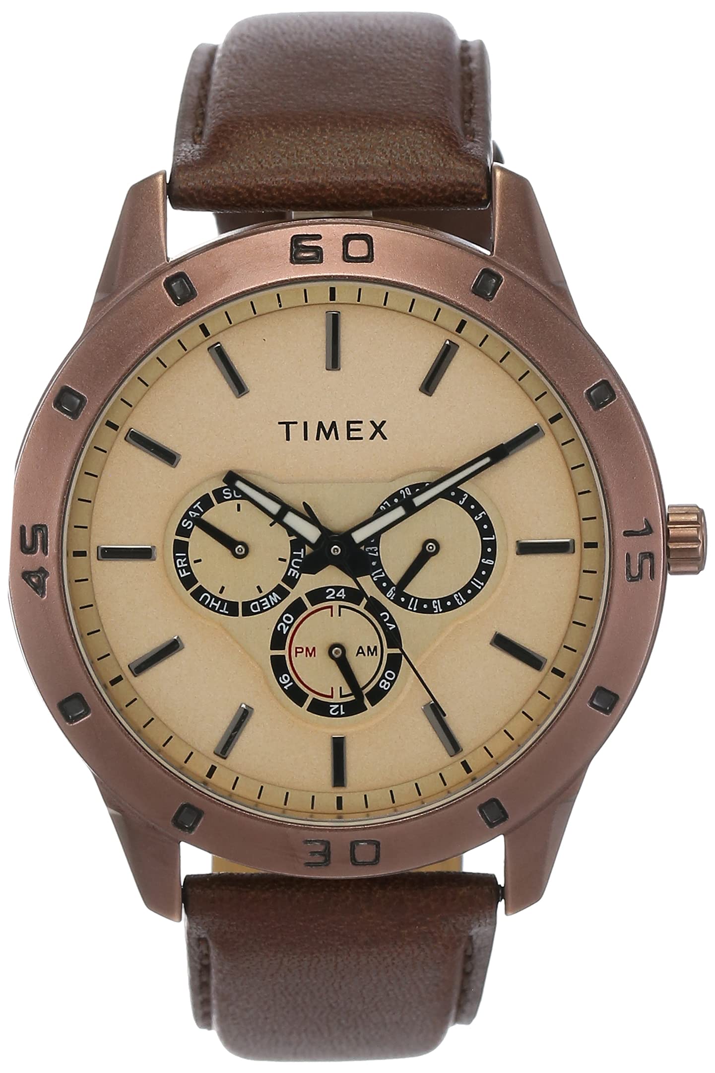 TIMEX Analog Watch for man with Brown Round Dial & Brown Leather Strap Band Water Resistant Men's Wrist Watches - TW000U915
