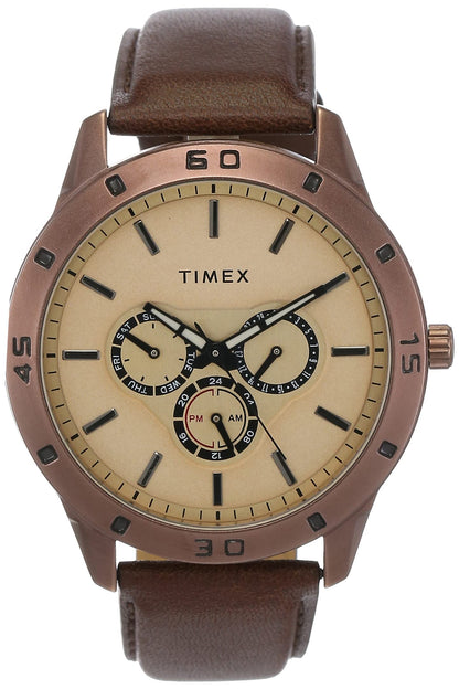 TIMEX Analog Watch for man with Brown Round Dial & Brown Leather Strap Band Water Resistant Men's Wrist Watches - TW000U915