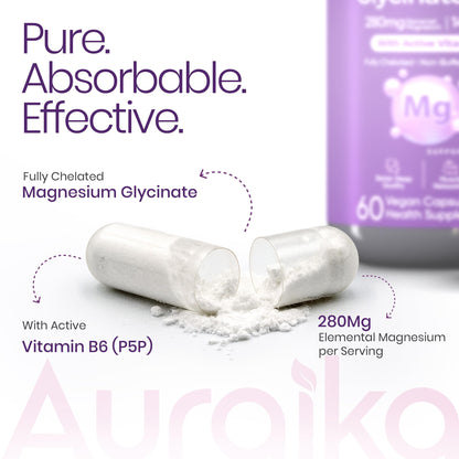 Auraika Magnesium Glycinate 1400mg with Vitamin B6 | 280mg Elemental Magnesium | Fully Chelated Non-Buffered Magnesium Supplement | Supports Relaxation, Restful Sleep, Muscle Recovery & Nervous System Health | 60 Veg Capsules