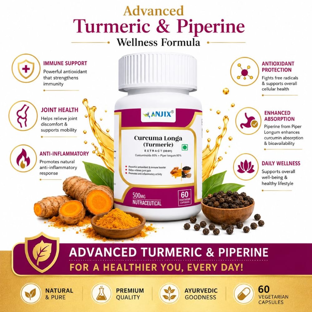 ANJIX Curcumin Capsules with Piperine 500mg | 95% Curcumin Turmeric Extract | Supports Immune Health, Joint Comfort & Overall Wellness | 60 Vegetarian Capsules