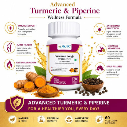 ANJIX Curcumin Capsules with Piperine 500mg | 95% Curcumin Turmeric Extract | Supports Immune Health, Joint Comfort & Overall Wellness | 60 Vegetarian Capsules