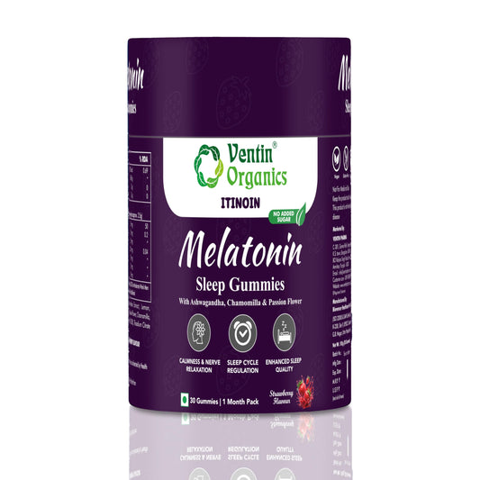 Ventin Organics Itinoin Melatonin 5mg Sleep Gummies | 30N | No Added Sugar | Enhanced with Ashwagandha, Chamomile, Passion Flower & Valerian Root Extract | Sound Sleep & Relaxation Strawberry Flavour