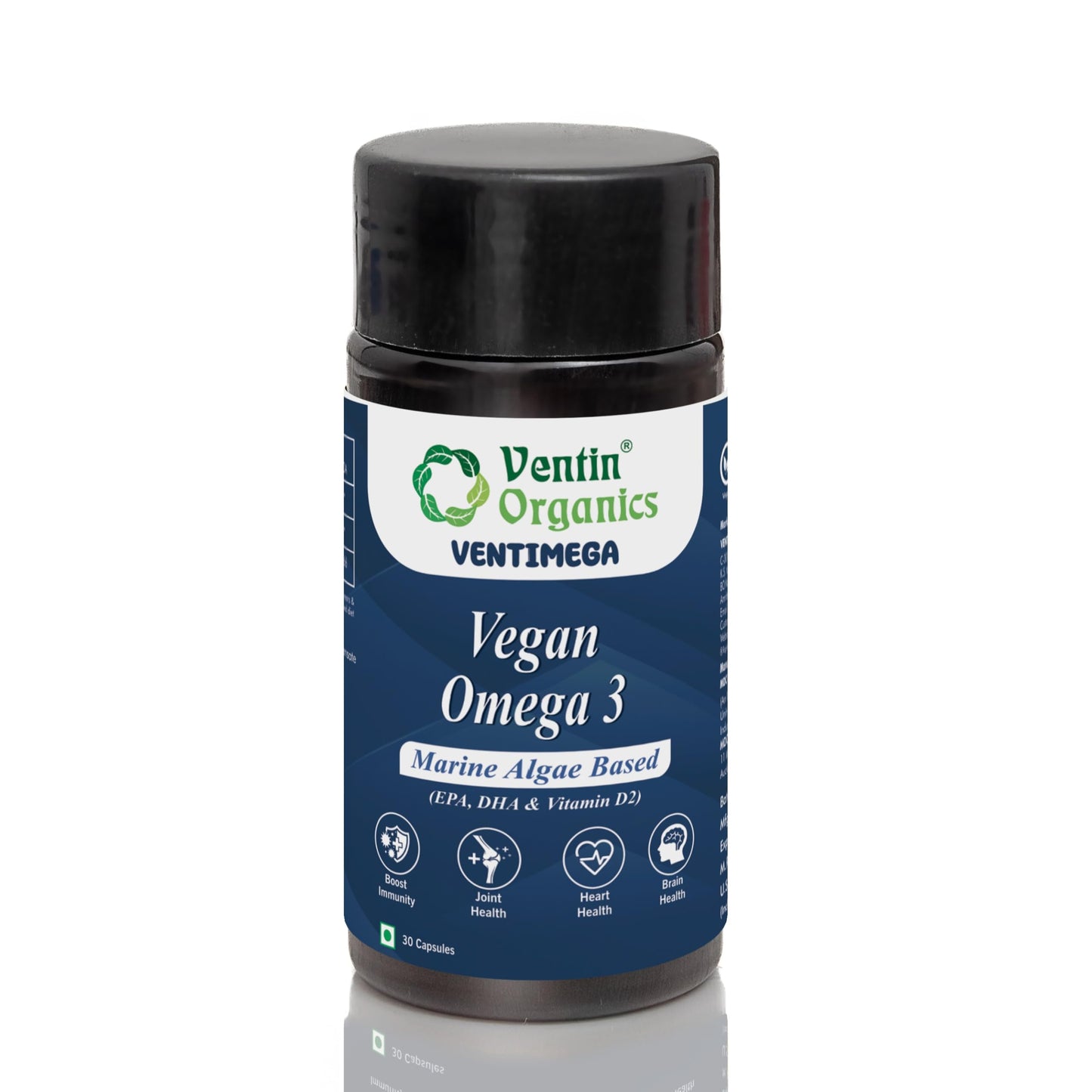 Ventin Organics Ventimega Vegan Omega 3 | 30N | Marine Algae Extract with EPA & DHA | Enhanced with Vitamin D2 | Supports Muscles & Joints, Heart & Brain Health | For Both Men & Women