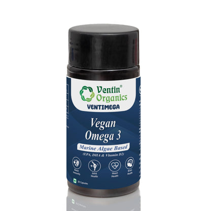 Ventin Organics Ventimega Vegan Omega 3 | 30N | Marine Algae Extract with EPA & DHA | Enhanced with Vitamin D2 | Supports Muscles & Joints, Heart & Brain Health | For Both Men & Women
