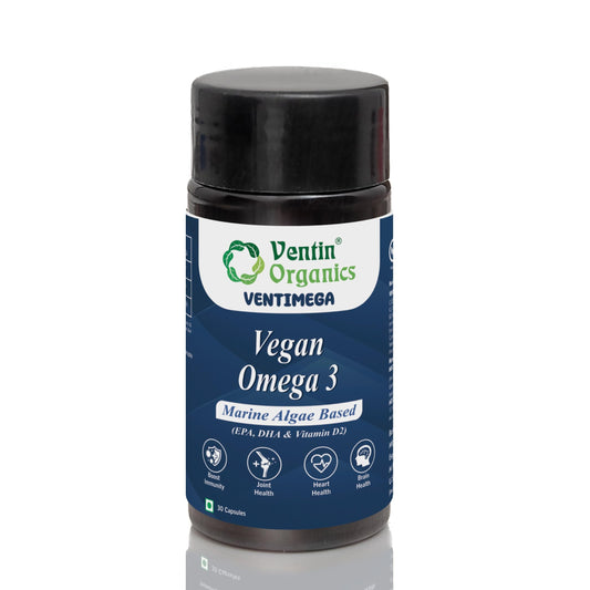 Ventin Organics Ventimega Vegan Omega 3 | 30N | Marine Algae Extract with EPA & DHA | Enhanced with Vitamin D2 | Supports Muscles & Joints, Heart & Brain Health | For Both Men & Women