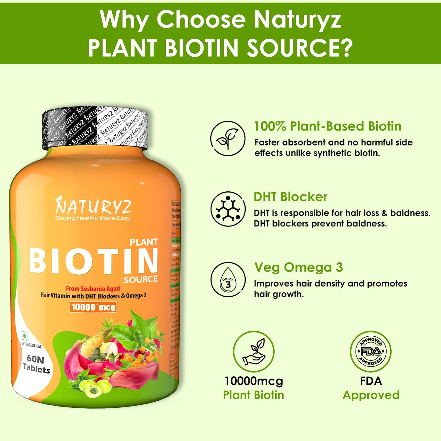 NATURYZ 100% Plant Based Biotin Tablets with High Protein Vitamin DHT Omega 3 for Strong Hairs Nails Growth Glowing Skin & Calcium Plus with Vitamin D Magnesium Zinc Supplement for Bone Health
