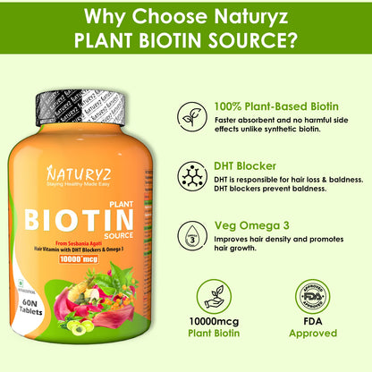 NATURYZ 100% Plant Based Biotin Tablets with High Protein Vitamin DHT Omega 3 for Strong Hairs Nails Growth Glowing Skin & Calcium Plus with Vitamin D Magnesium Zinc Supplement for Bone Health