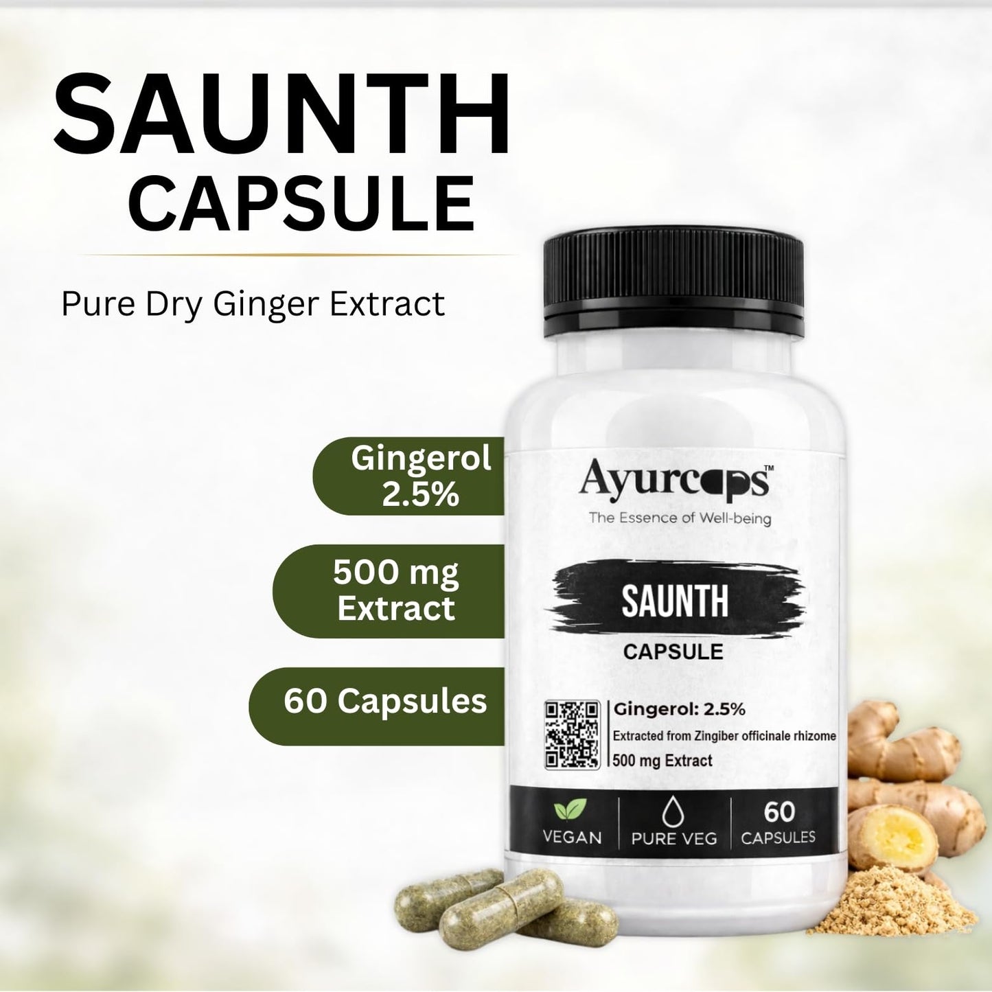 Ayurcaps Saunth (Dry Ginger) 500mg Capsules | 60 Veg Capsules | Ginger Herbal Supplement For Digestive Support, Metabolism Support And Immune Wellness | Plant-based Ayurvedic Formula For Men And Women