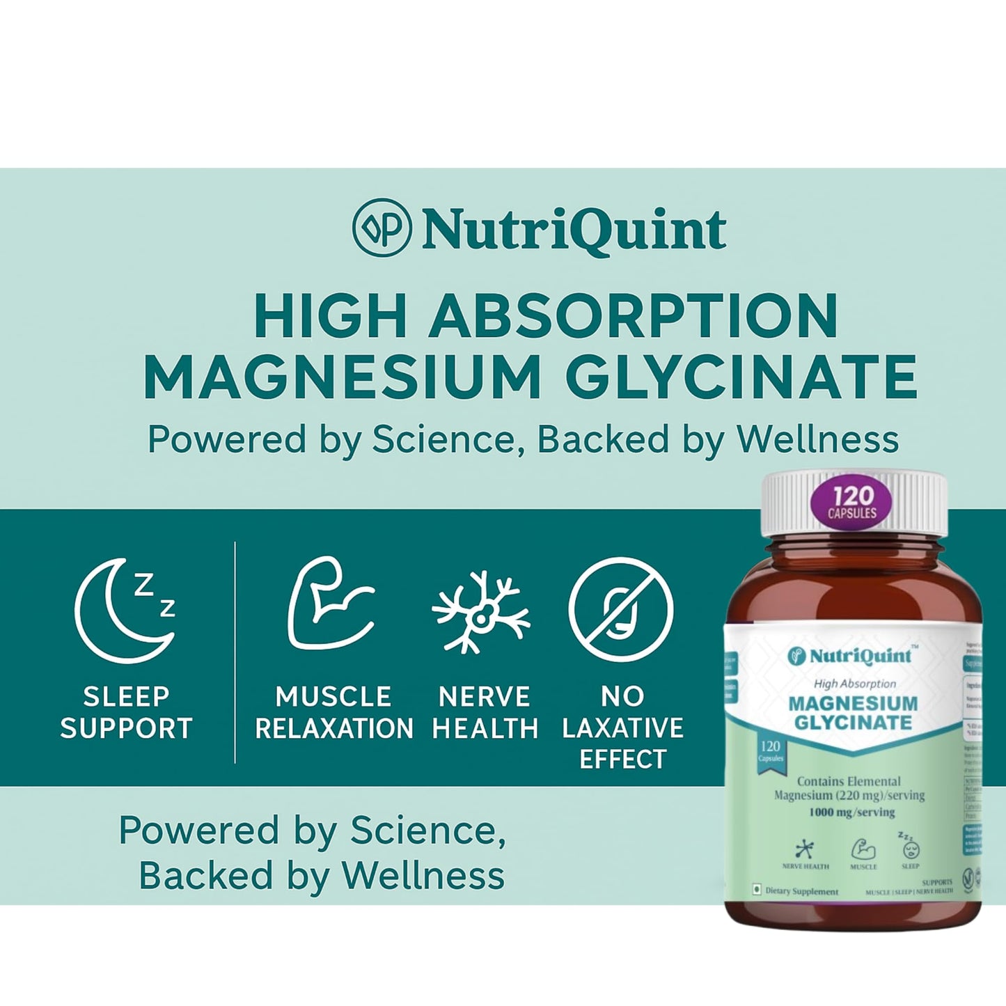 NutriQuint Magnesium Glycinate 1000 mg – High Absorption – 220mg Elemental Magnesium per Serving – 120 Veg Capsules – Non-Laxative, Muscle, Sleep & Nerve Support – Made in India