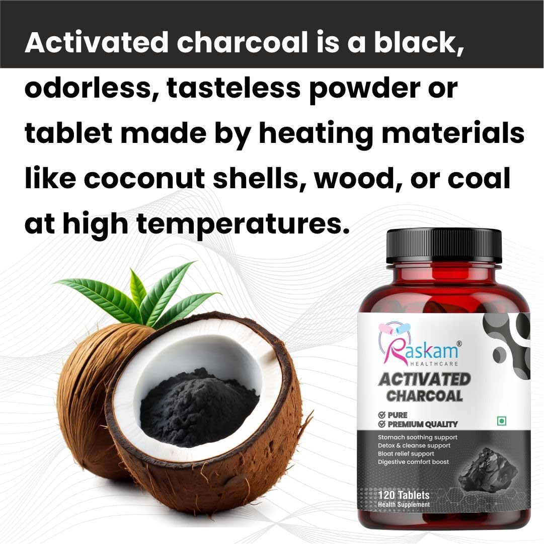 Raskam Activated Charcoal 600mg – Natural Detox & Digestive Cleanser | Supports Bloating Relief & Gas | 120 Vegan Tablets