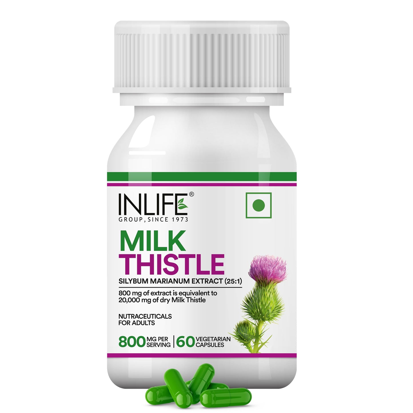 INLIFE Milk Thistle 800mg Silymarin, Silybum Marianum Extract 25:1, Liver Health & Detox Function, Men Women, 60 Veg Capsules (Pack of 1, 60)