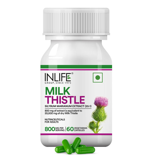 INLIFE Milk Thistle 800mg Silymarin, Silybum Marianum Extract 25:1, Liver Health & Detox Function, Men Women, 60 Veg Capsules (Pack of 1, 60)