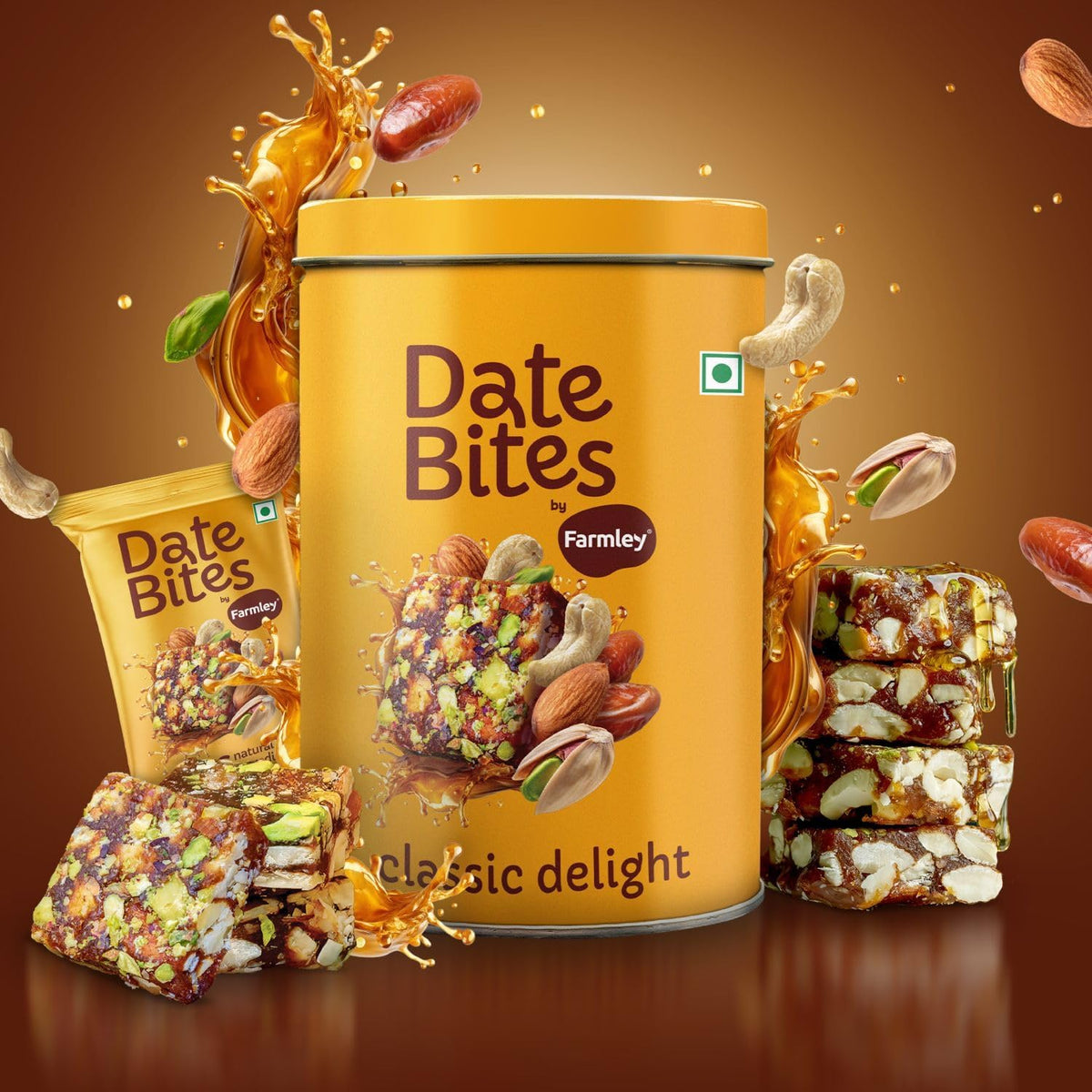 Farmley Date Bites I Dates Barfi Made with Dates, Pista, Cashews, Almonds, Honey and Pure Ghee I Dry Fruits Nuts, Healthy Snacks Sweets,Gluten Free, No Added Sugar (200g, Dates Bites Jar)