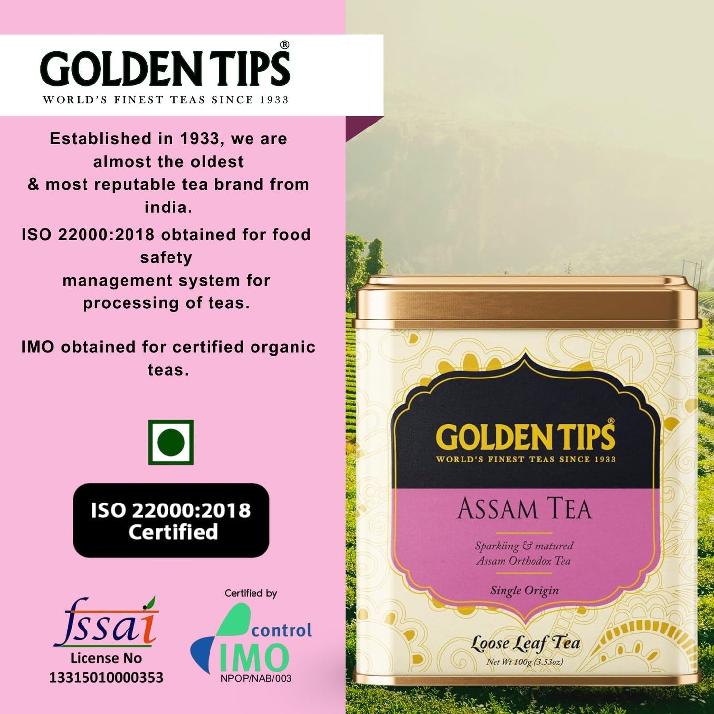 Golden Tips Garden Fresh Assam Long Leaf Black Tea (100 Gram, 50 cups)