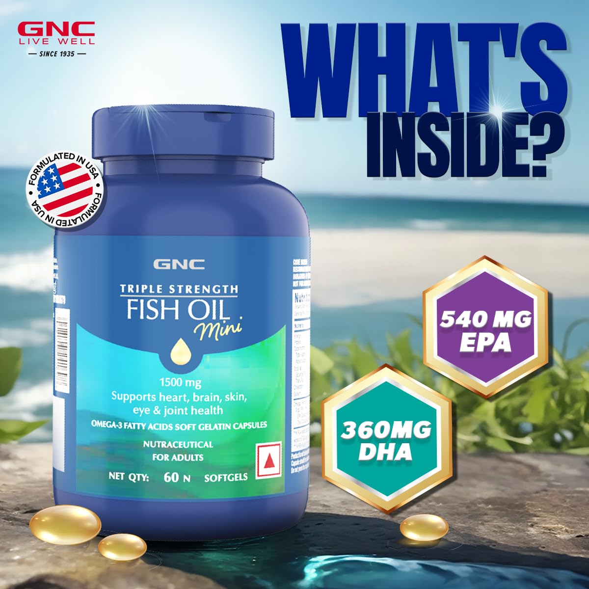 GNC 1500 Mg Triple Strength Fish Oil Mini Omega 3 Softgels For Men & Women| 60 Mini Softgels|540 MG EPA & 360 MG DHA|Improves Memory|Protects Vision|No Fishy Burps|For Men & Women |Formulated In USA