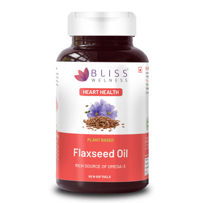 Bliss Welness Organic Flaxseed Oil 2000mg | Extra Virgin Cold Pressed Omega 3 6 9 Oil | Hair Skin Heart Brain Eye Skin Joint Immune Health Supplement - 60 Softgel Capsules