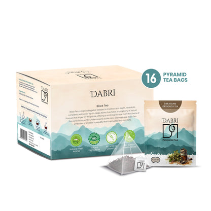 DABRI Darjeeling Orthodox Black Tea 16 Pyramid Dip Tea Bags | No muslin or paper used | Authentic Black Tea from the premium estates in Darjeeling | Light, Floral & Muscatel Flavor
