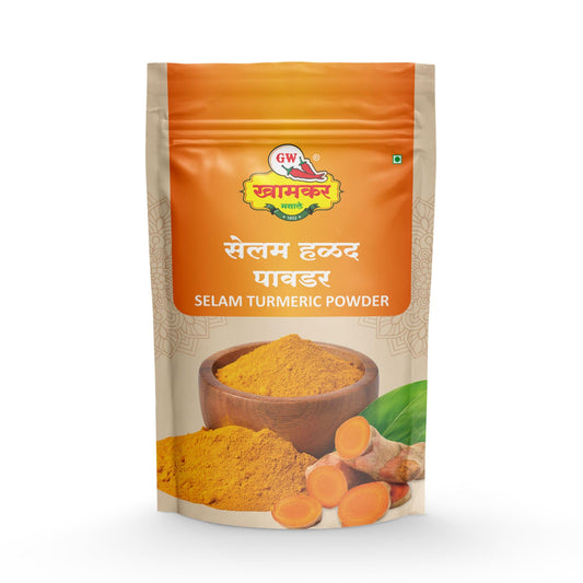 GW Khamkar Selam Halad Powder | Rich in Aroma & Colour | Traditionally Pounded | Cold Pressed | Sourced from Selam Region | Immunity-Boosting Natural Turmeric | Pure & Natural Spices | No Artificial colour and Preservatives | Pack of 1- 185GM