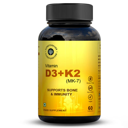CUREFOREVER Vitamin D3 + K2 (MK-7) Tablets - Vegan Vitamin D Supplement Supports Bone & Immunity, Vitamin D3 K2 for Men & Women | High Absorption Vitamin D Tablets, 60 Days Serving