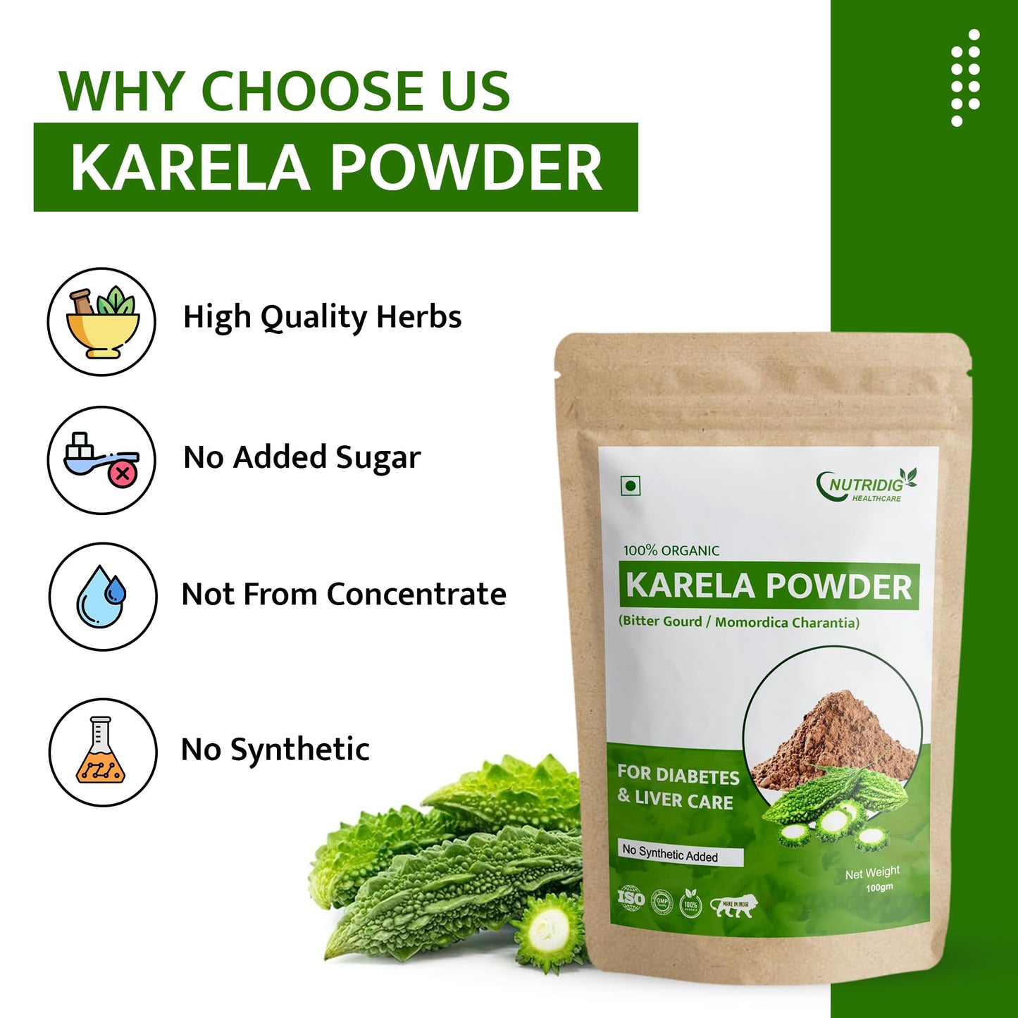 Nutridig Healthcare 100% Natural Karela (Bitter Gourd) Powder, 100gm, Cleanses Liver & Managed Blood Sugar Level | Rich in Antioxidants, Vitamins and Minerals - Diabetes Care Powder