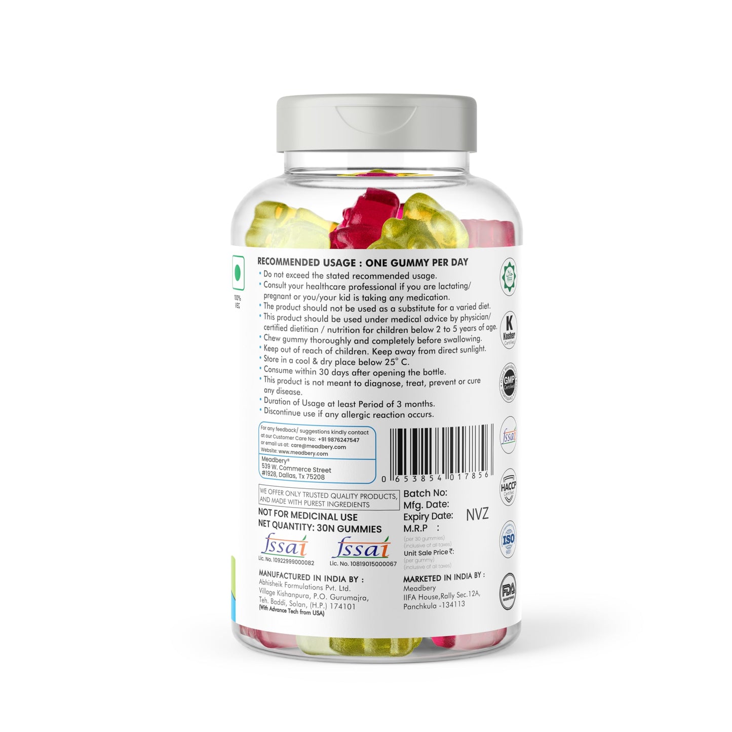 Meadbery Multivitamin Calcium Combo Gummy Bears Glutenfree Formula With Minerals And Vitamins B C D E B12 B6 For Kids Bone Health Growth Kids Bone Teeth Health 30+30 Tasty Gummies