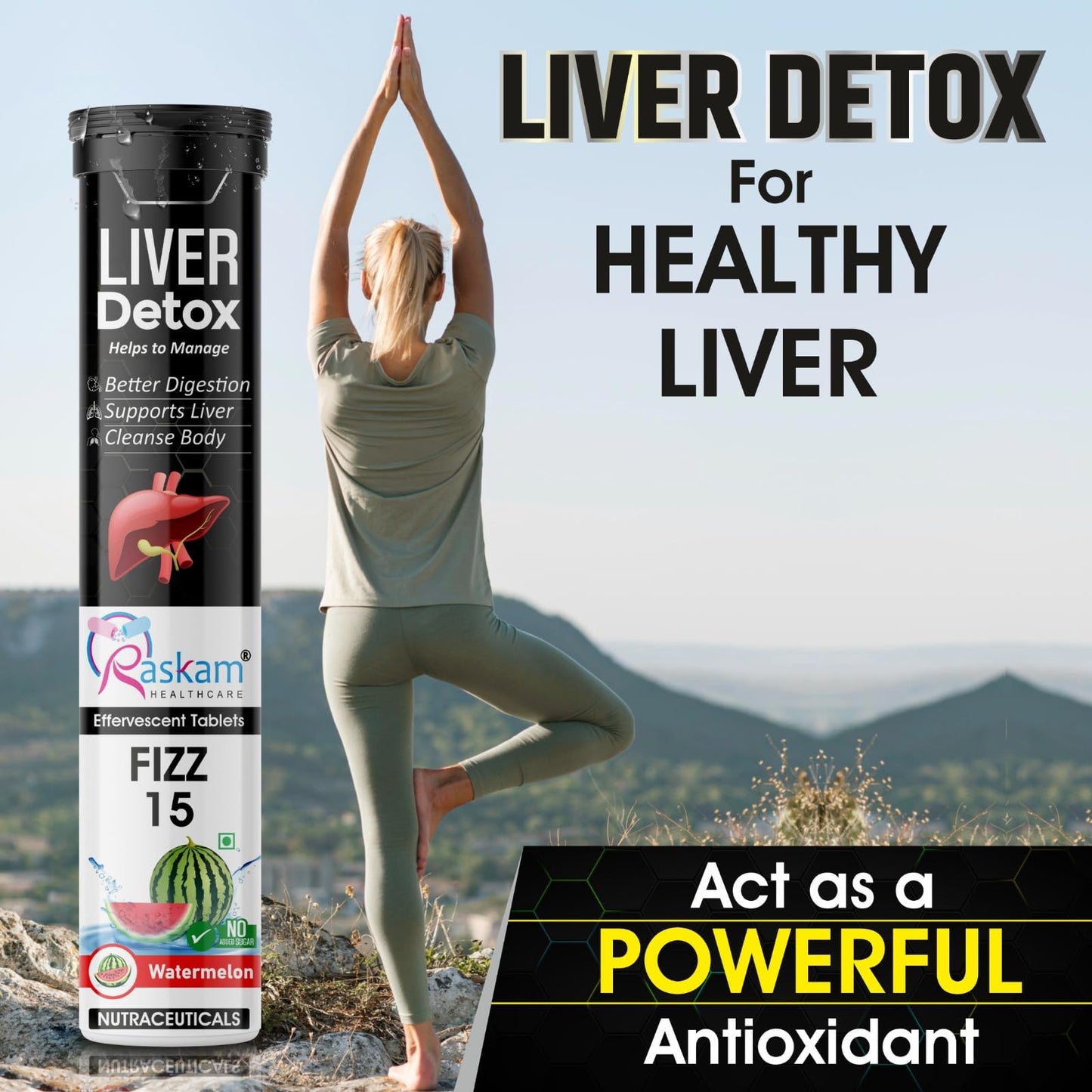 Raskam Liver Detox Effervescent – Plant-Based Detox with 9 Ayurvedic Herbs | Sugar-Free | Refreshing Watermelon Flavor | Drop, Fizz, Sip | Fizz 15 Tablets Pack of 2