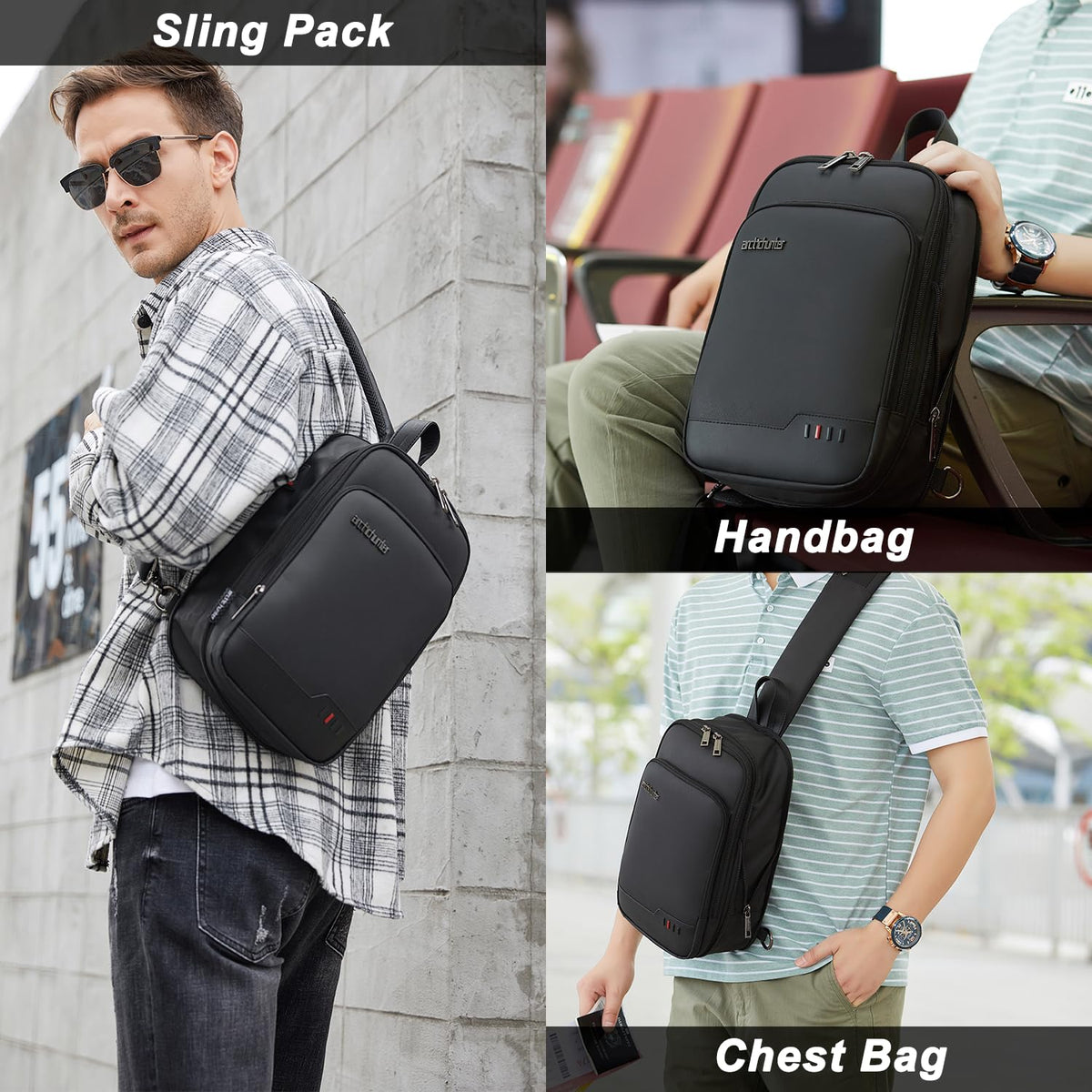 Arctic Hunter Expandable Sling Bag for Men Crossbody Slim 8L Sling Backpack Multi-pocket for Travel Chest Bag with 10.9" iPad Pocket Water-resistant One Side Shoulder Passport Bag for Office,Black