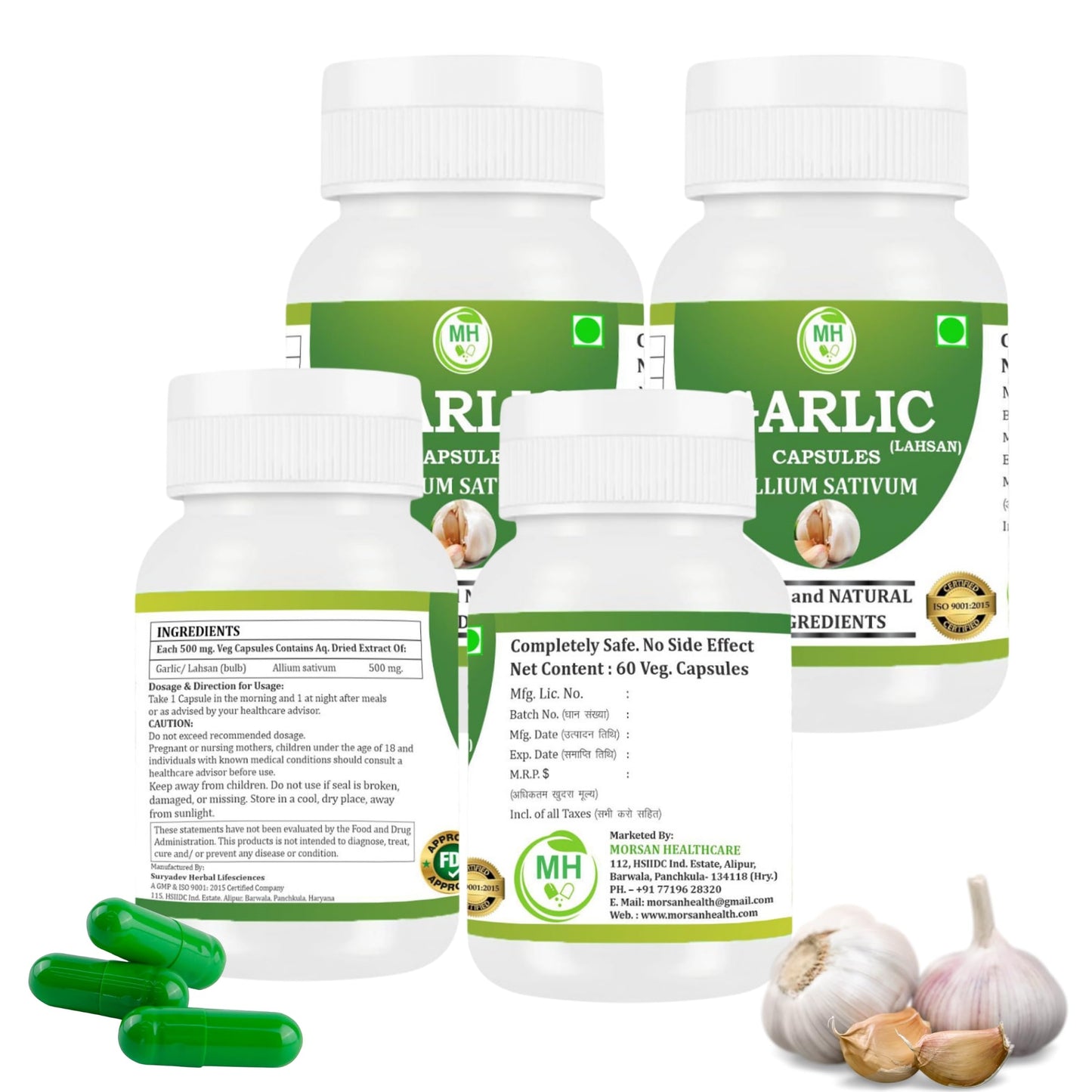 MORSAN HEALTHCARE Garlic Capsules 500mg – 60 Count | 4 Pack | Vegetarian | Organic | Gluten Free | Plant-Based | Herbal Supplement | No Artificial Additives