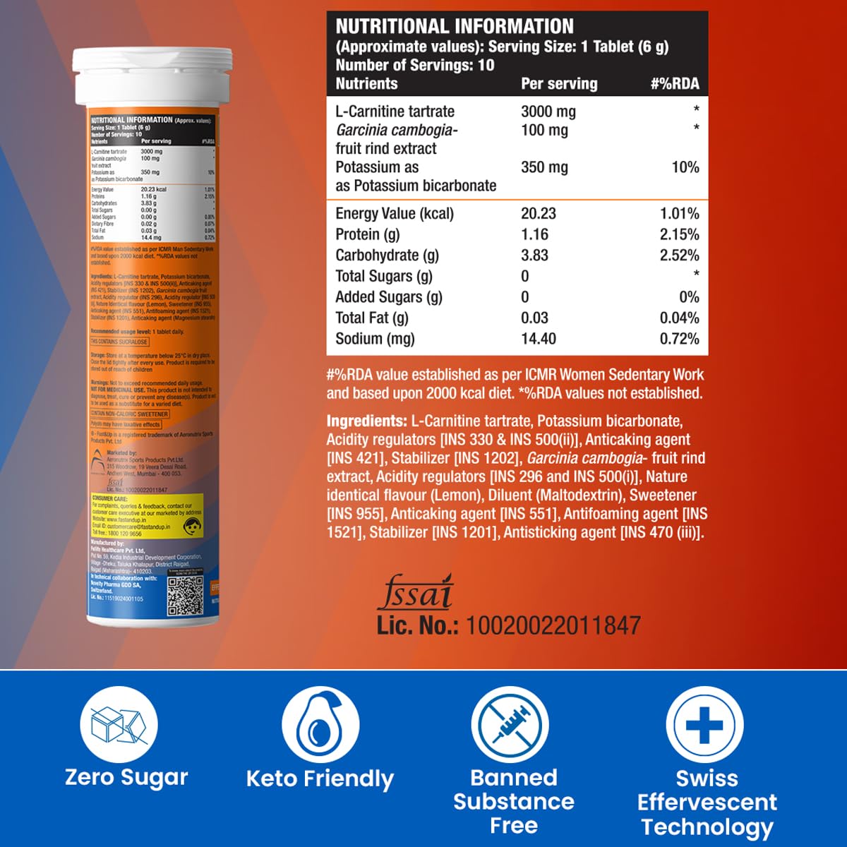Fast&Up L Carnitine Tartrate 3000mg Effervescent Tablets | Triple Action L-Carnitine Supplement with Garcinia Cambogia & Potassium | Fat Burner for Weight Loss, Energy & Lean Body | Lemon Flavour, 10 Tabs (Pack of 2)
