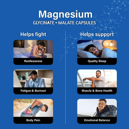 Sukham Magnesium Glycinate + Malate Capsules | 60 caps - 30 days | High Absorption Supplement | Helps with Better Sleep, Muscle & Bone Health | With Ashwagandha and Vitamin D3 | For Men & Women