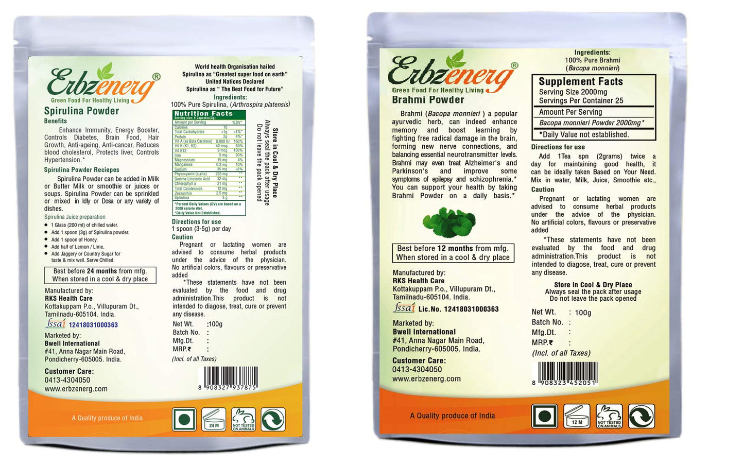 ERBZENERG® Organic Spirulina Powder 100g with Brahmi Powder 100g | Pack Of 1