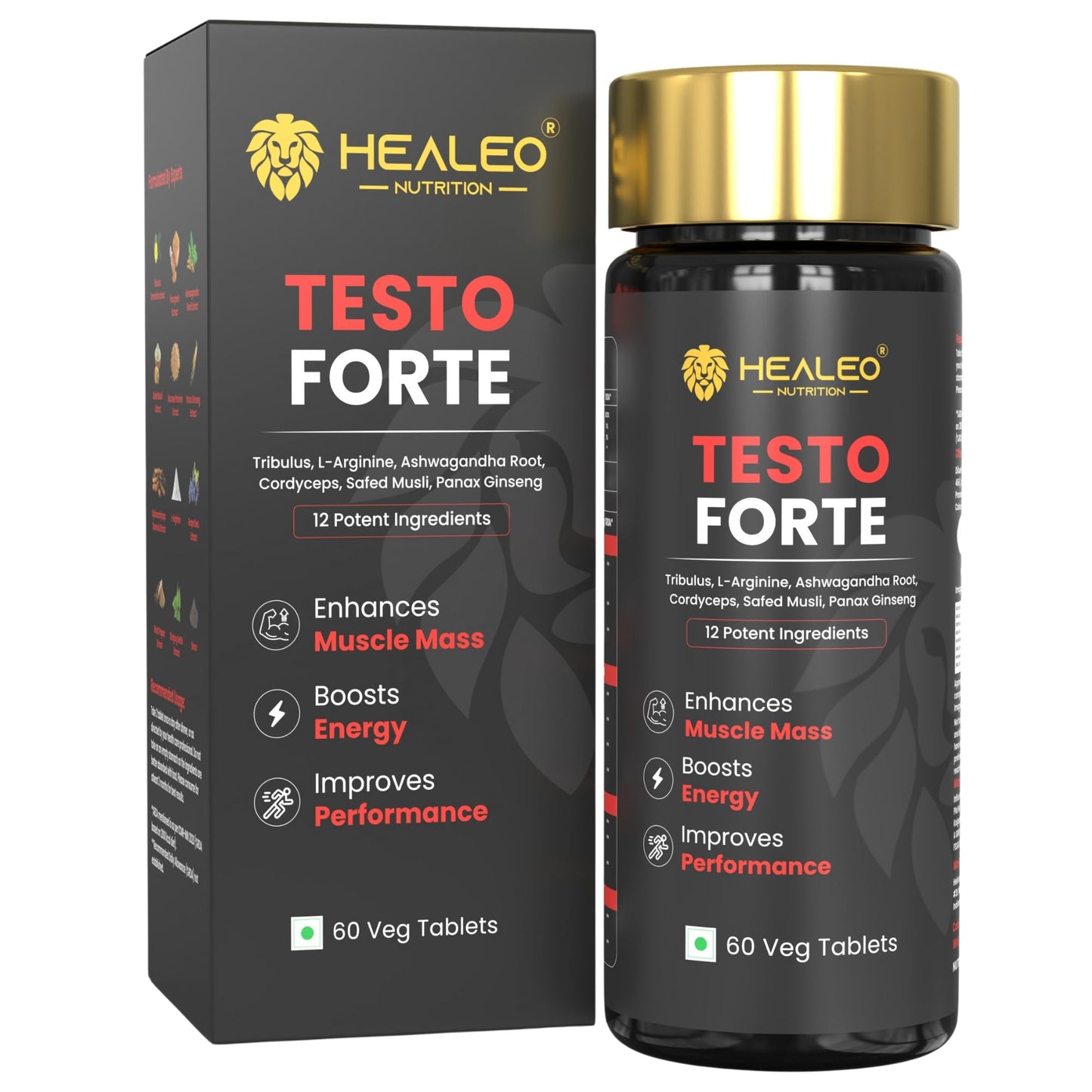 Healeo Testo Forte, 12-in-1 Testosterone Booster for Men with Tribulus, Safed Musli, Panax Ginseng, L-Arginine - Enhances Stamina, Muscle Strength & Power - Lab Tested - 60 Veg Tablets
