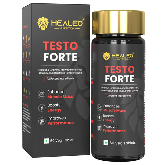 Healeo Testo Forte, 12-in-1 Testosterone Booster for Men with Tribulus, Safed Musli, Panax Ginseng, L-Arginine - Enhances Stamina, Muscle Strength & Power - Lab Tested - 60 Veg Tablets