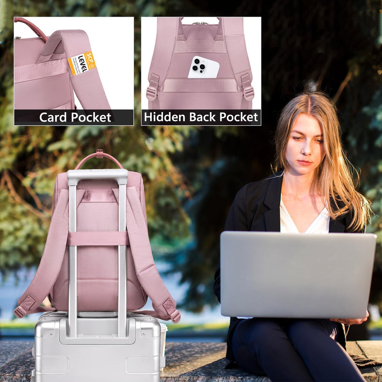 Chantria Slim Backpack for Women Stylish 14-inch Laptop Bag 13L Multi-pocket Water-resistant Daypack with Top Handheld & Luggage Strap,Ladies Backpack for Office Casual College, Pale Mauve