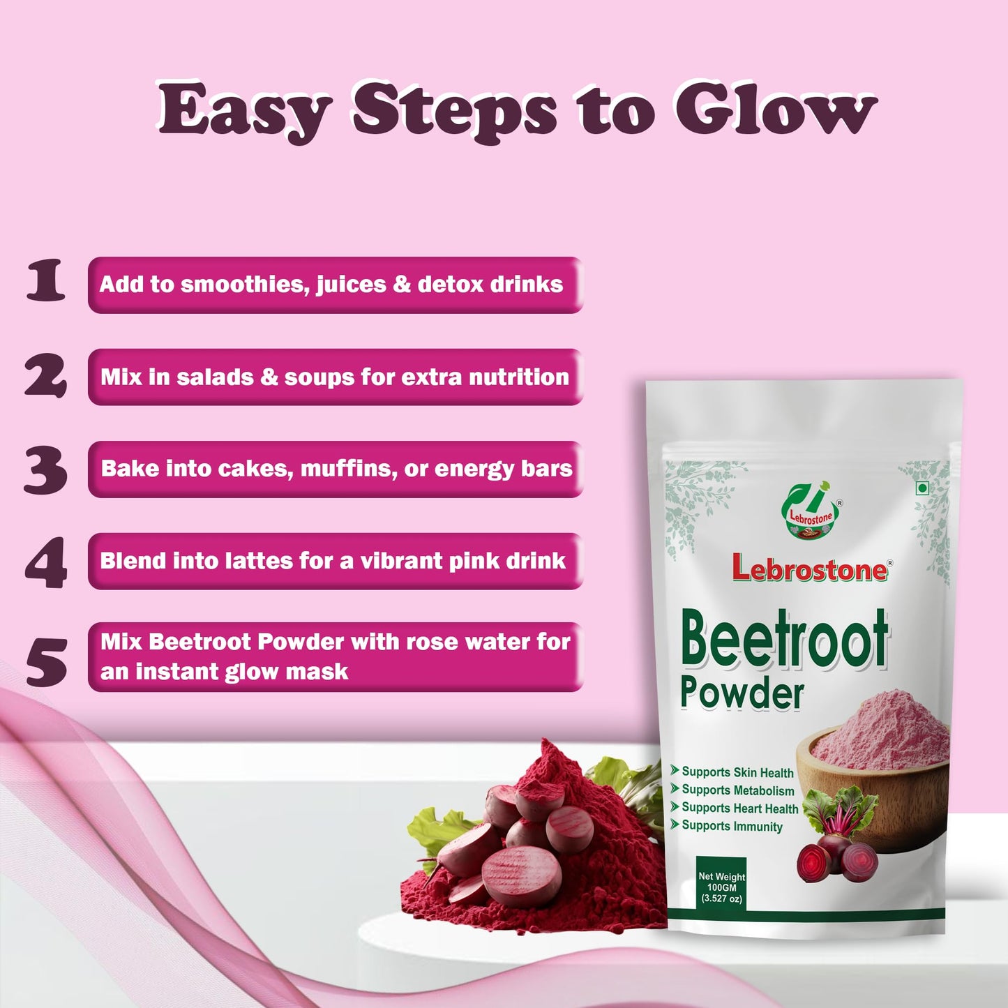 Lebrostone Beet Roots Powder | Natural Iron & Energy Supplement | Supports Blood Purity, Glow & Staminar | 100g
