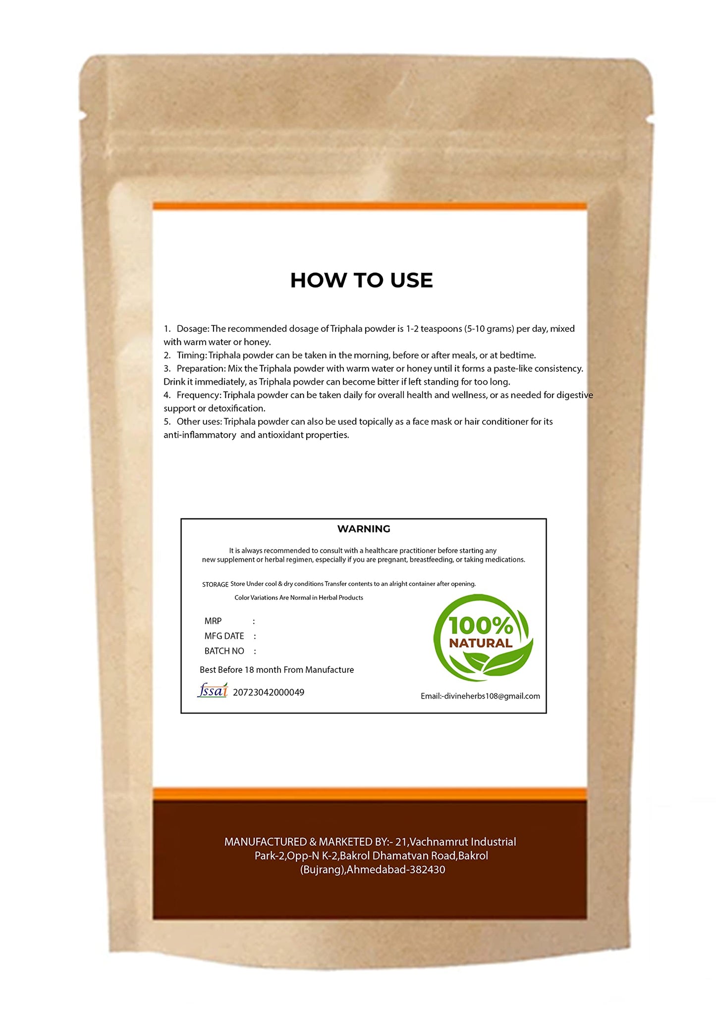 DIVINE HERBS Natural & Organic Triphala Powder For Skin & Health Care - 100 GM