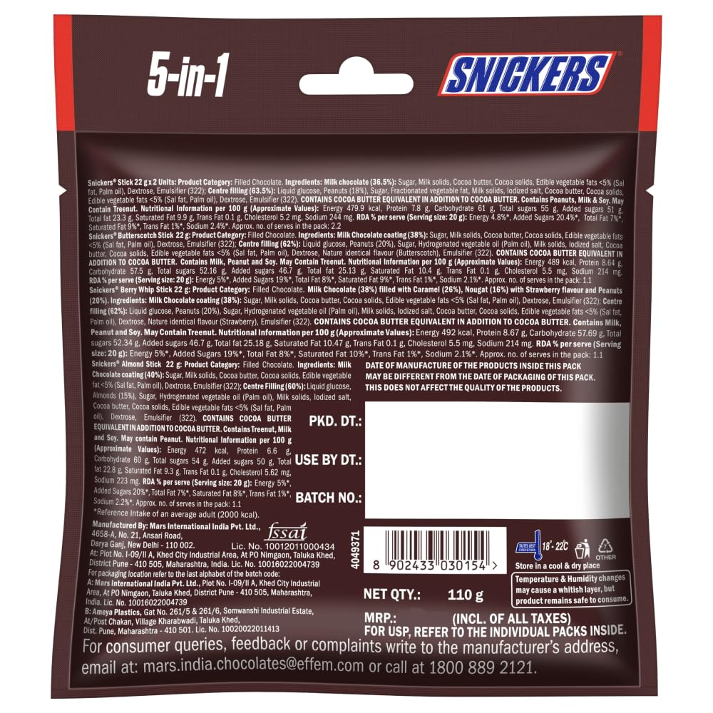 Snickers Variety Pack | Assorted Bars | Peanut, Almond, Butterscotch & Berry Whip | Pack of 3 | 110g