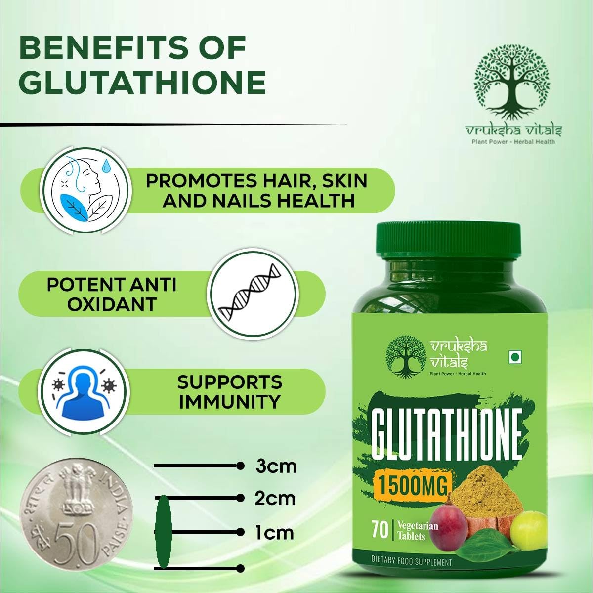 Vruksha Vitals Glutathione 1500 mg - 70 Tablets with Vitamin C and Milk Thistle, Amla & Grapeseed Extracts (Plant based Capsules Supplement)