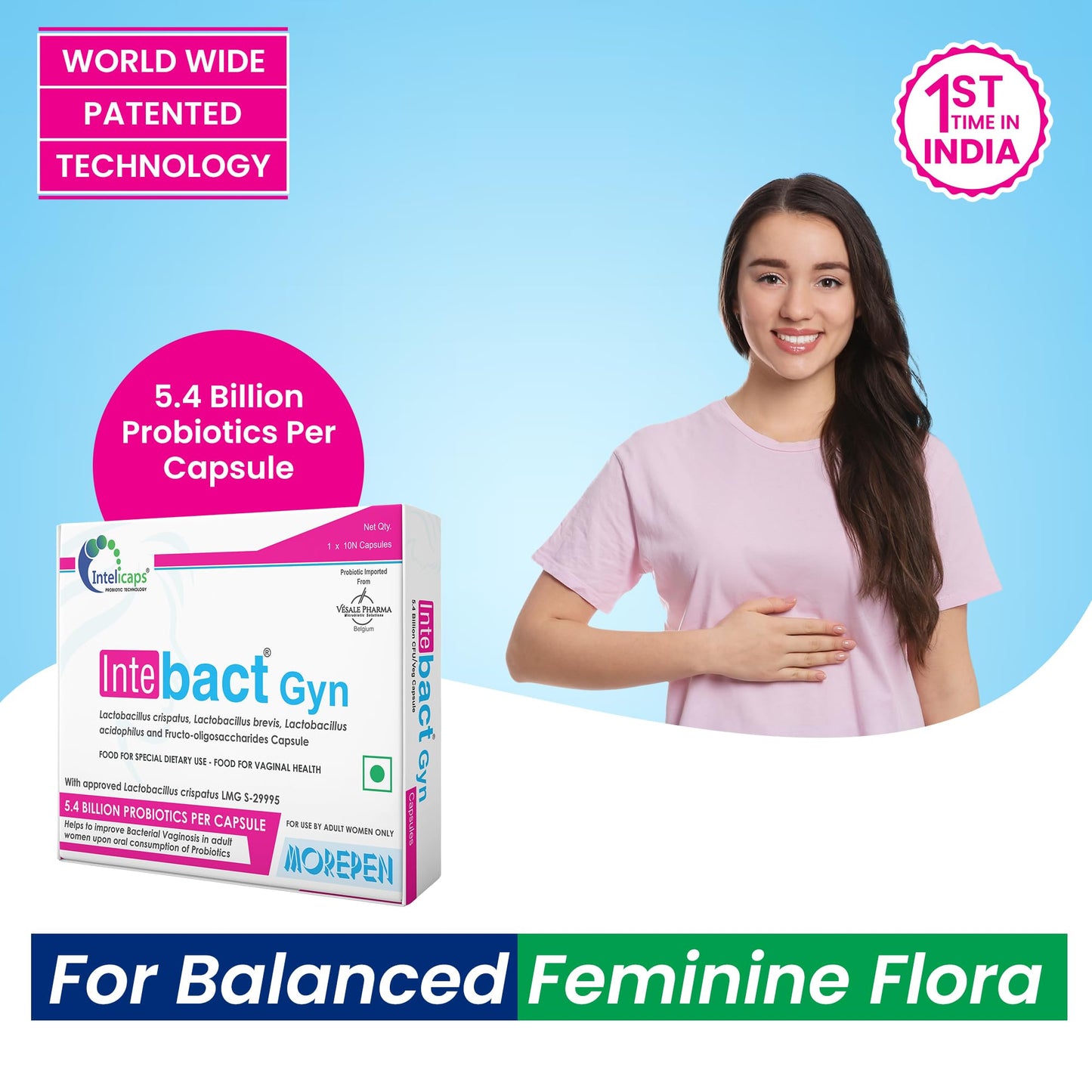 MOREPEN INTEBACT GYN 5.4 BN CFU Capsules | Probiotics Support for Intimate Health & Immunity Booster for Women | 10 Capsules Pack of 2