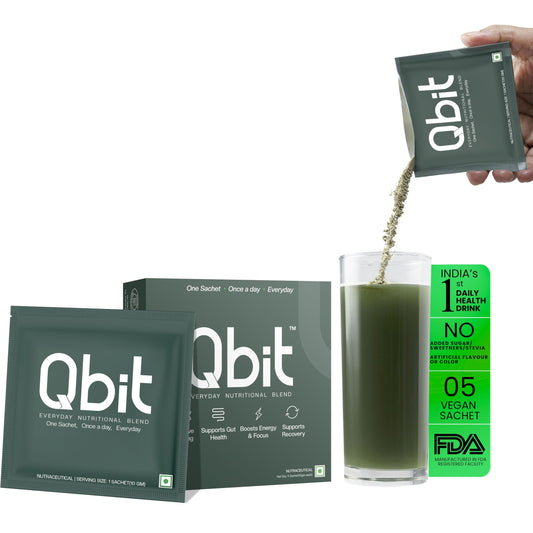 Qbit Probiotics Supplement for Men & Woman | 5 Servings | With Prebiotics, 60+ Multivitamins | Plant Based Nutrition Health Drink and Superfoods | Supports Gut Health, Energy, Immunity | Zero Sugar