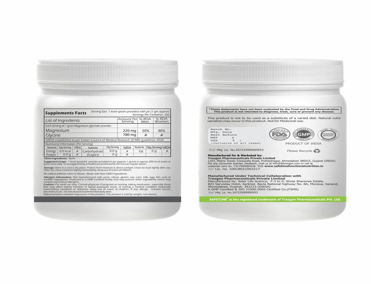 Safetime MagActiv MAGNESIUM GLYCINATE PURE POWDER 250 GRAM, 22% Magnesium 78% lLycine, Heart, Sleep, Bone,Metabolism, Migraine, Relaxation, Stress Support (250 gram) (Pack of 2)