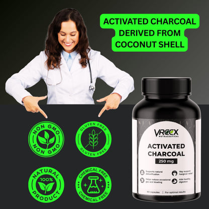 VREEX Activated Charcoal 250 mg – Supports Natural Detox, Helps Reduce Gas & Bloating and Digestive Cleanse (60 Veg Capsules)