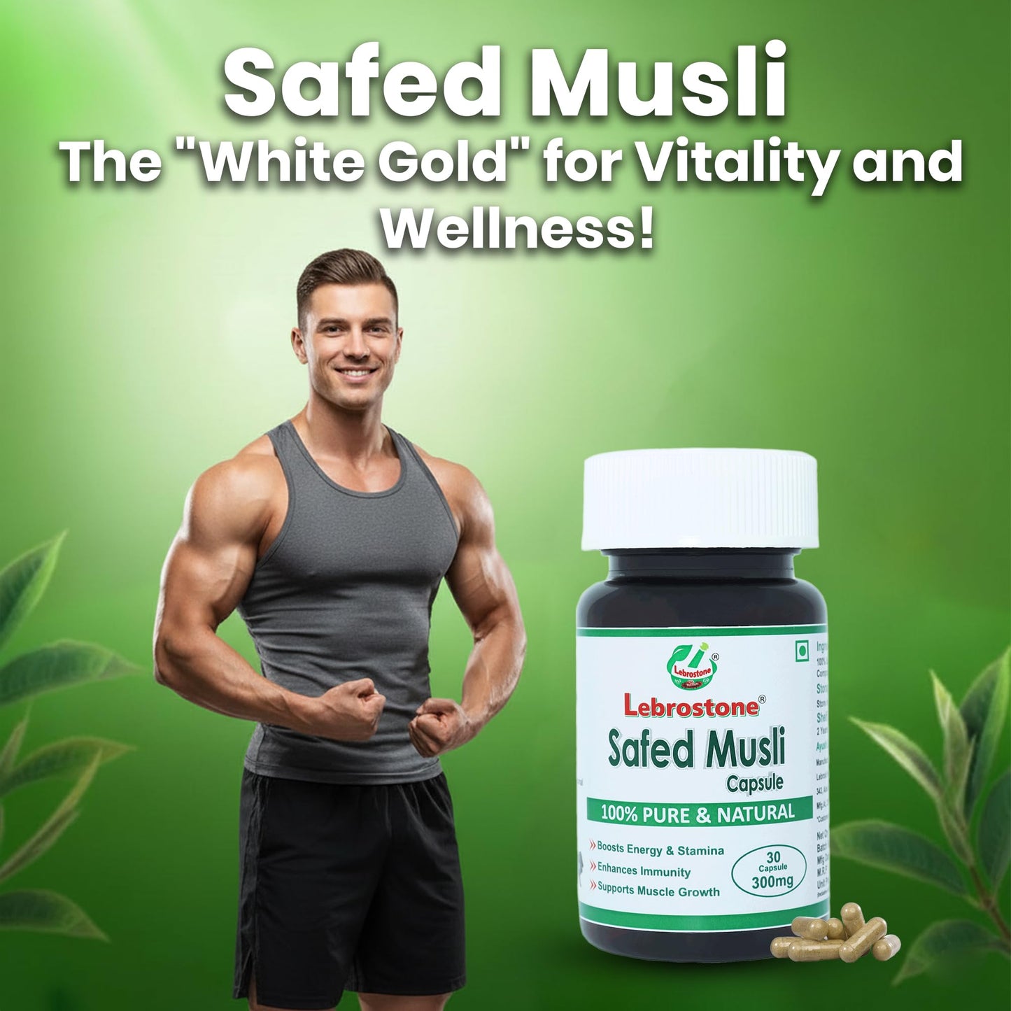 Lebrostone Safed Musli Capsules 30| Strength, Stamina & Vitality Support | Ayurvedic Energy Booster for Men & Women | Pure Herbal Supplement | 30 Veg Capsules