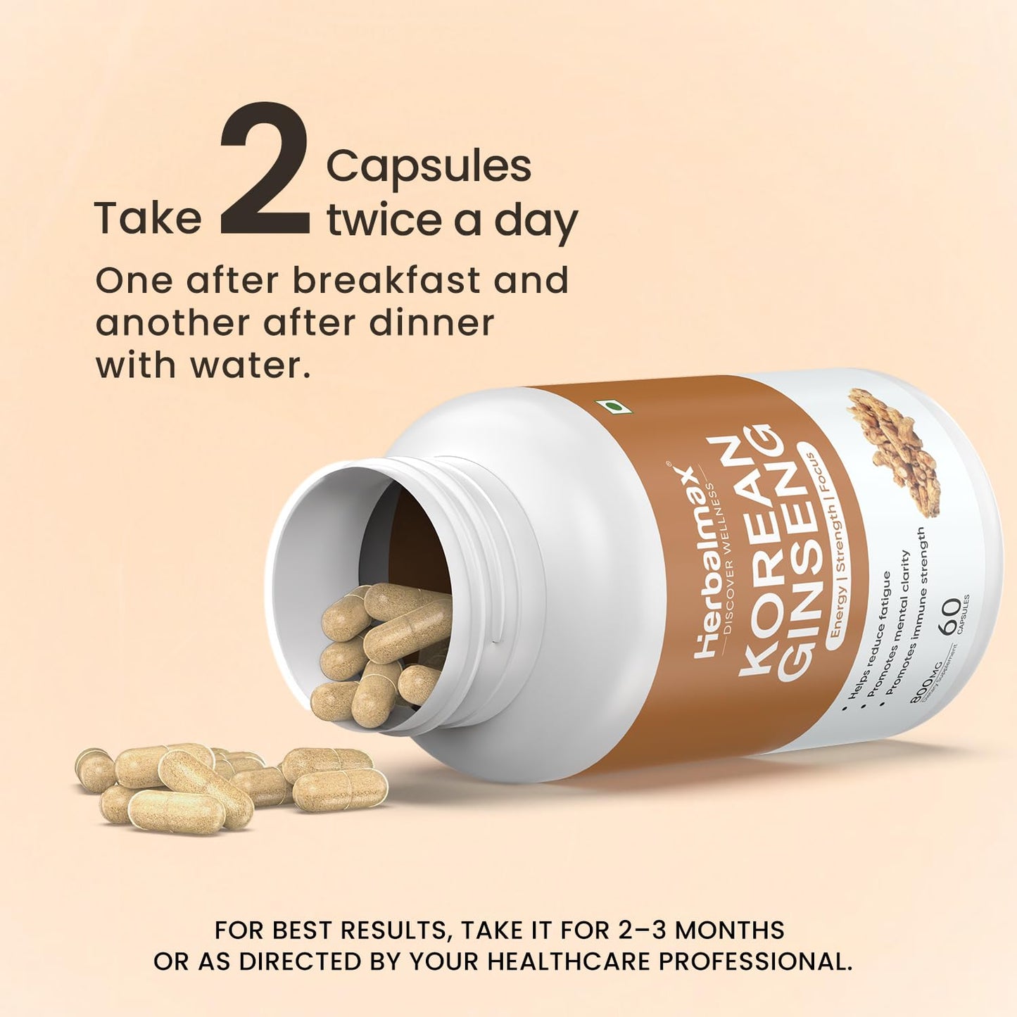 Herbalmax Korean Ginseng Capsules | Supports Immunity, Stamina & Energy | Natural Stress Relief & Vitality Booster Ayurvedic Supplement for Men & Women | Pack of 2, 60 Veg Capsules Each