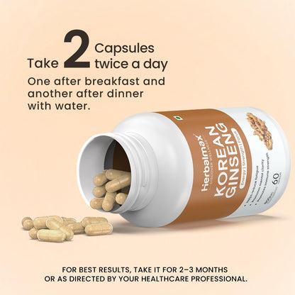Herbalmax Korean Ginseng Capsules | Supports Immunity, Stamina & Energy | Natural Stress Relief & Vitality Booster Ayurvedic Supplement for Men & Women | Pack of 2, 60 Veg Capsules Each